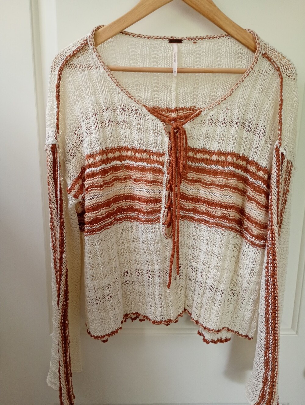Free People Cream, Rust + Tan Striped Crochet Open-Knit Slouchy Sweater (XS)